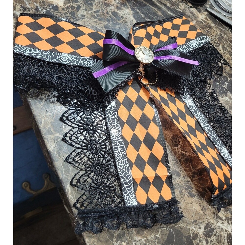 Handmade extra large bow halloween clock lace black argyle spiderweb orange